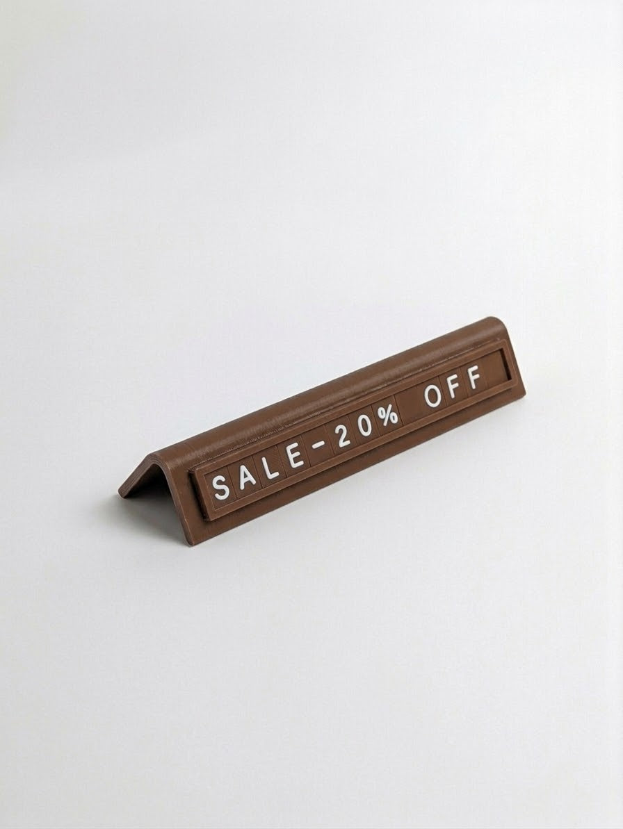 brown reusable countertop price sign for cafés and bakeries with interchangeable letter tiles