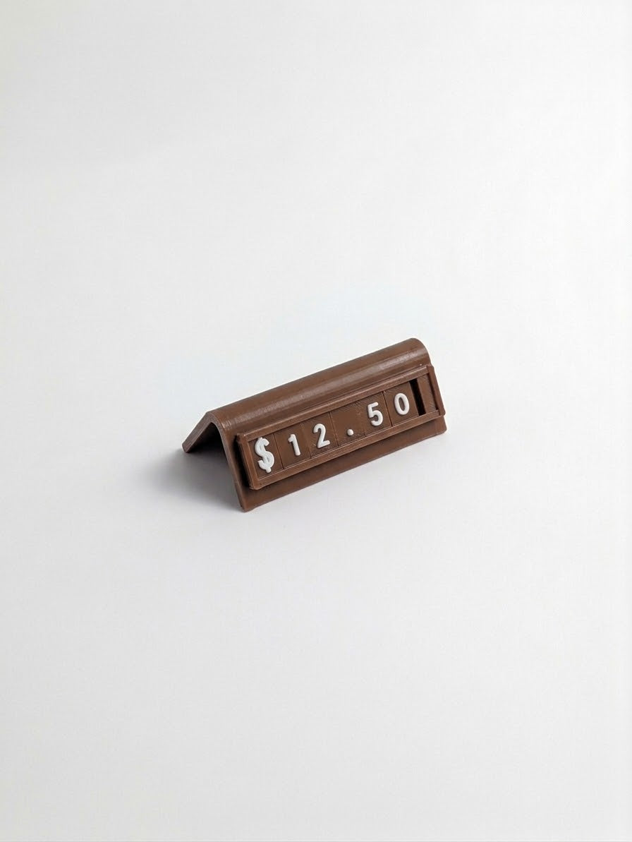 mini brown reusable countertop price sign for cafés and bakeries with interchangeable letter tiles