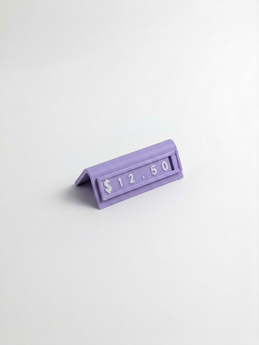 mini purple reusable countertop price sign for cafés and bakeries with interchangeable letter tiles