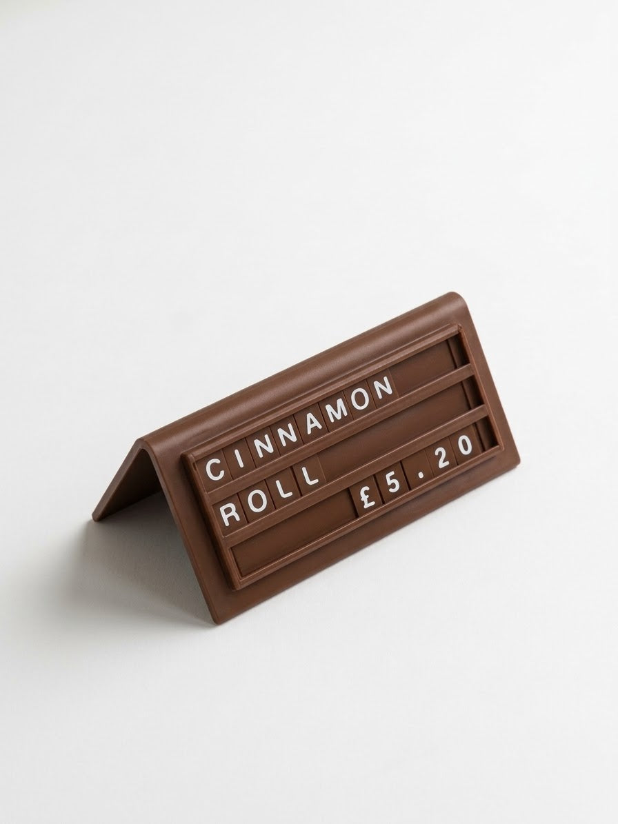 brown reusable countertop price sign for cafés and bakeries with interchangeable letter tiles
