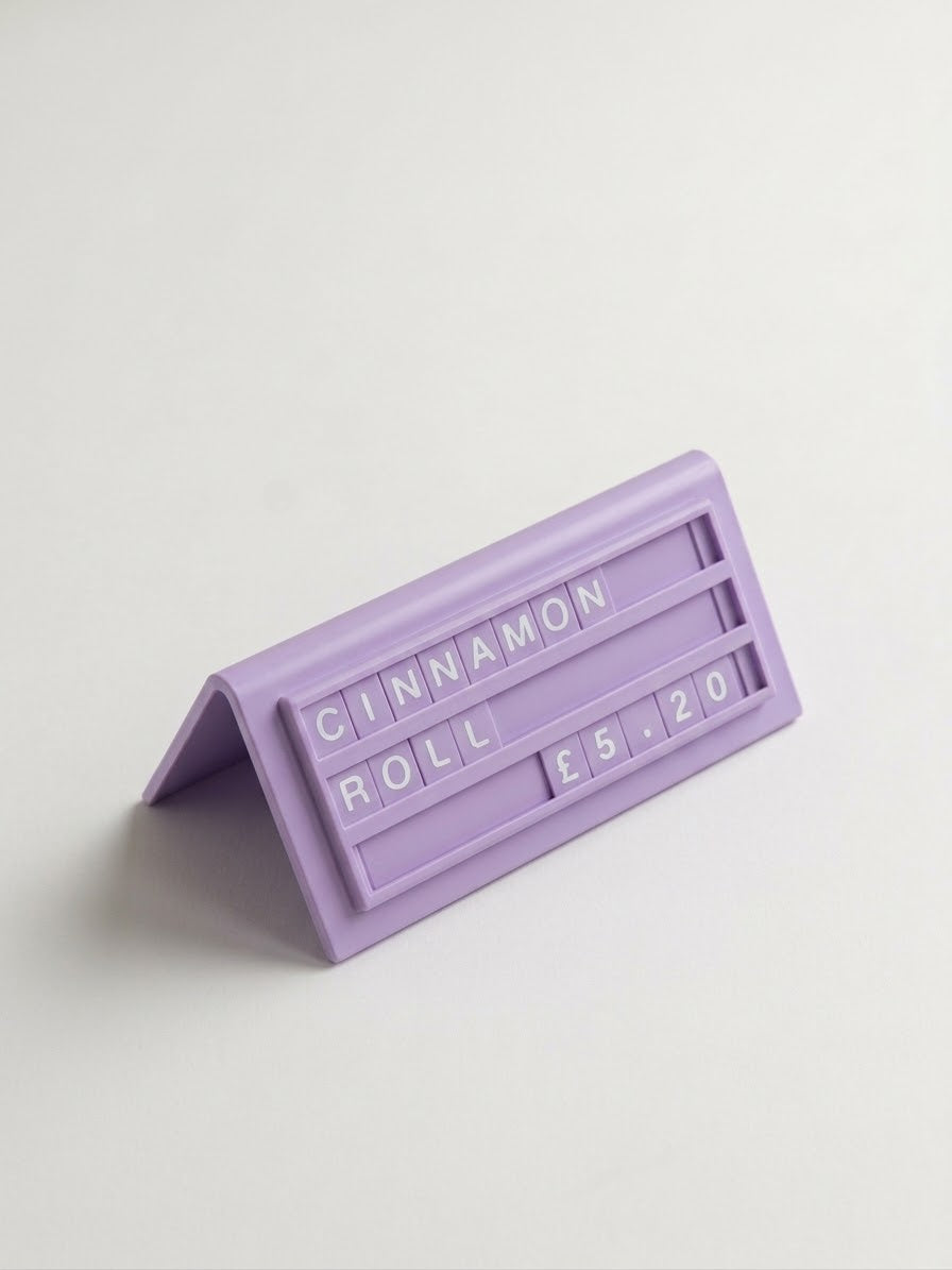 purple reusable countertop price sign for cafés and bakeries with interchangeable letter tiles
