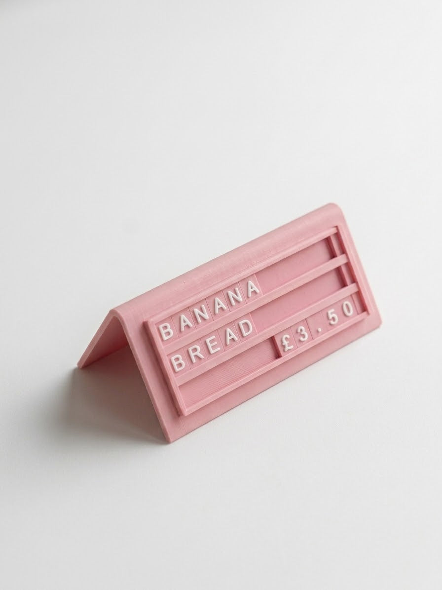 pink reusable countertop price sign for cafés and bakeries with interchangeable letter tiles