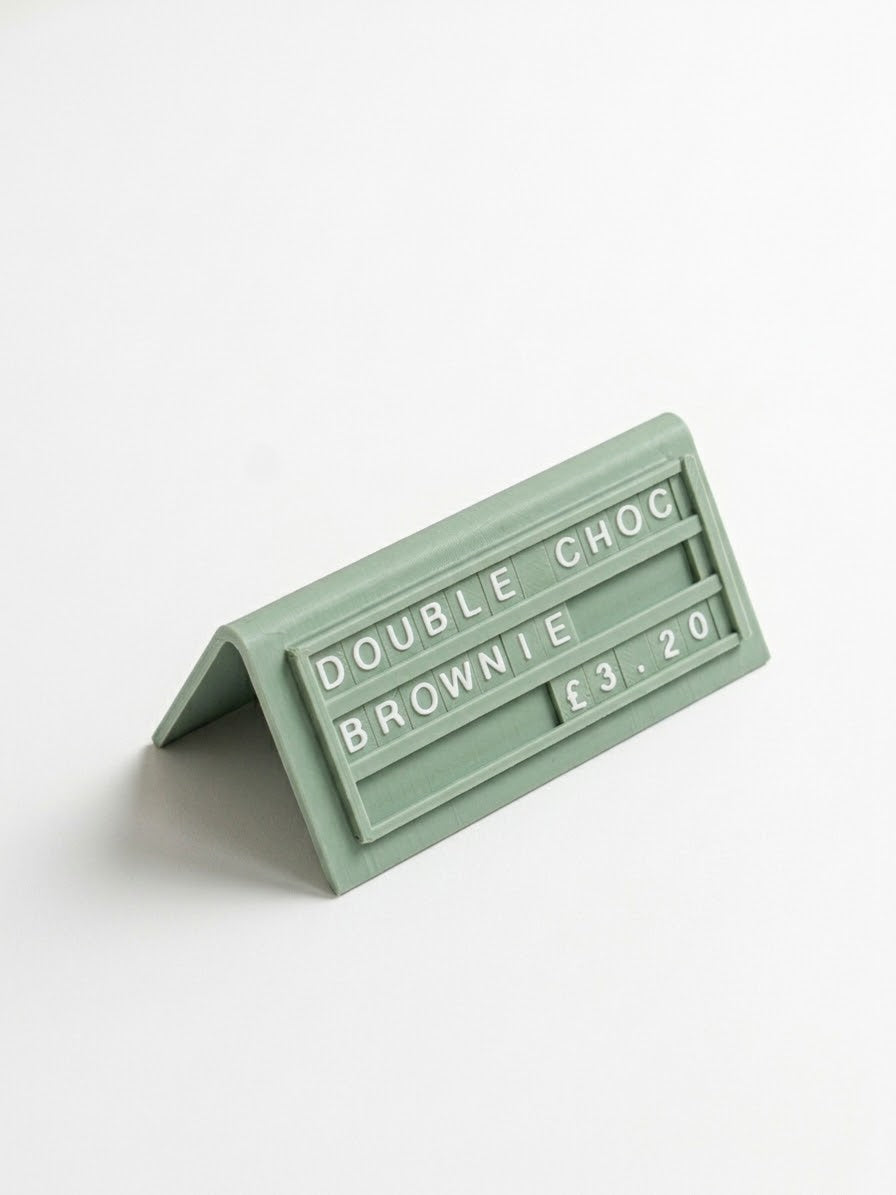 green reusable countertop price sign for cafés and bakeries with interchangeable letter tiles