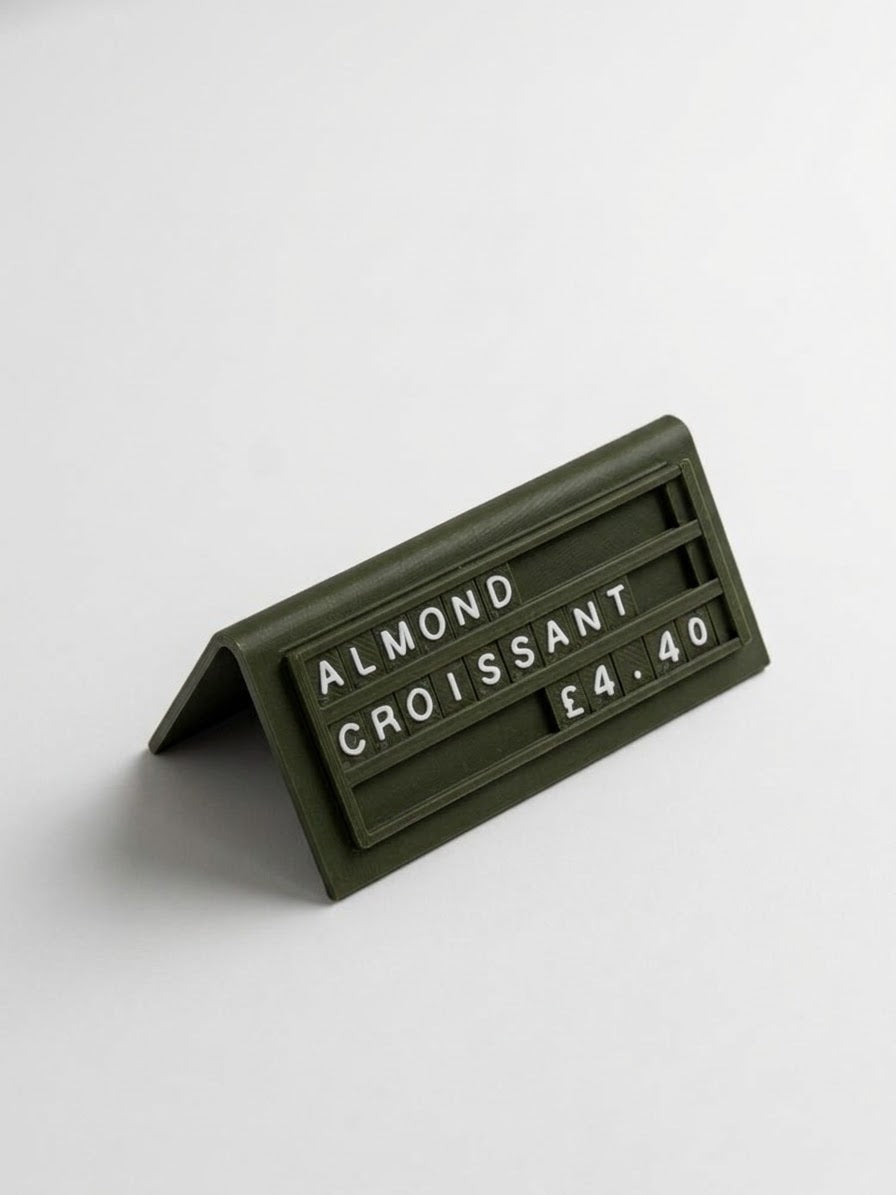 green reusable countertop price sign for cafés and bakeries with interchangeable letter tiles
